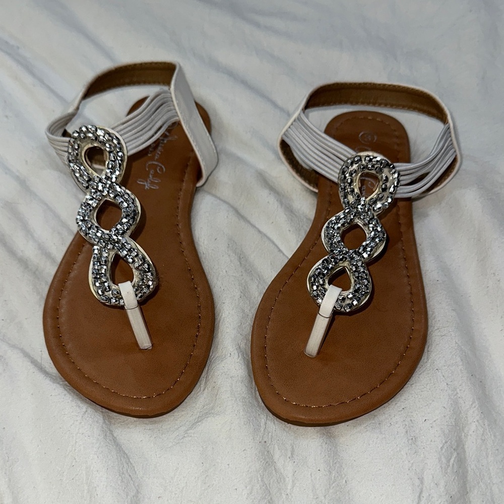 Chic White and Tan Sandals with Rhinestone Accent